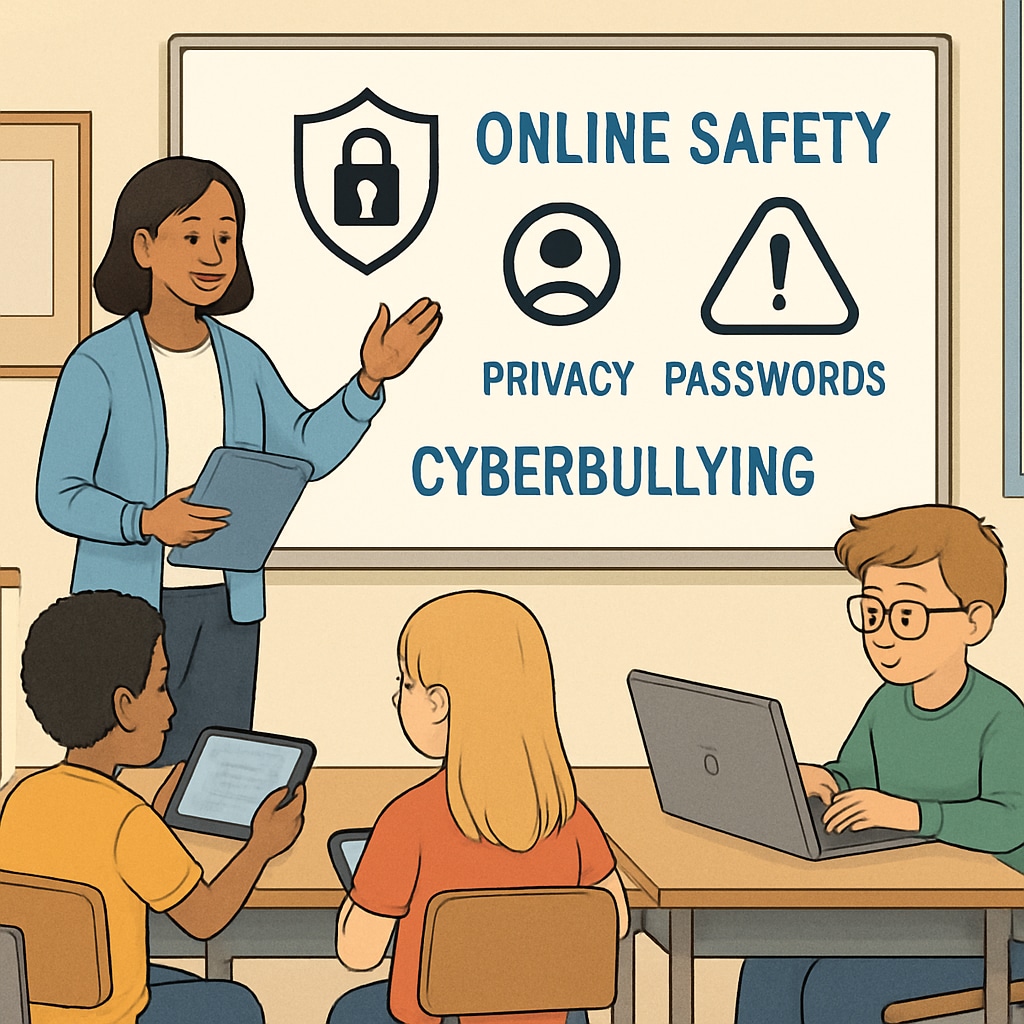 An education setting where a teacher is explaining online safety concepts to students using digital devices. This image highlights the importance of digital literacy education. Teacher explaining online safety to students with digital devices