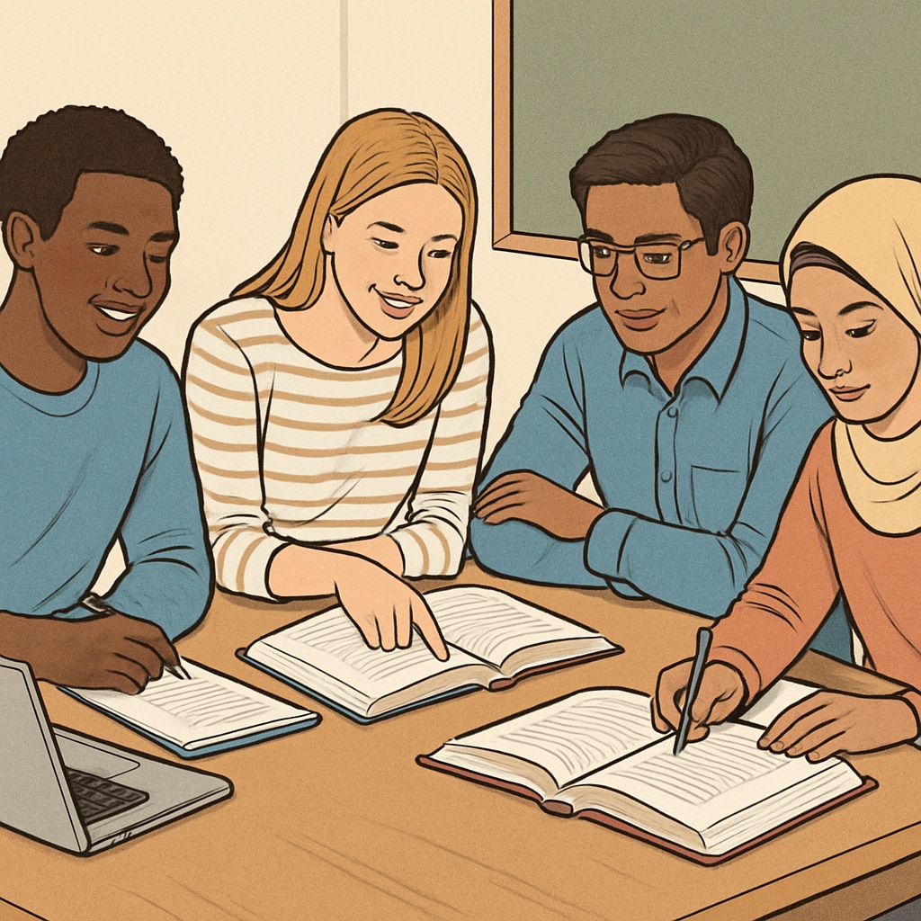 A group of students studying together with textbooks and laptops, representing international education. International students studying together, symbolizing A-levels and US university applications.