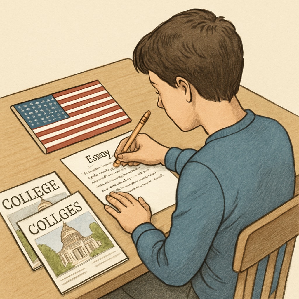 A student writing an essay with a US flag and college brochures on the desk, representing the US application process. A student preparing for US university applications with A-levels as a qualification.