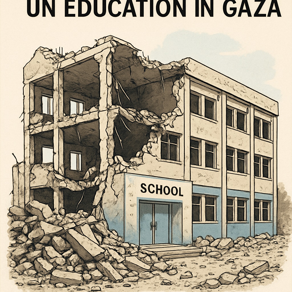 A photo of a damaged school building in Gaza, symbolizing the need for reconstruction and education reform. Damaged school building in Gaza representing the need for curriculum reform.