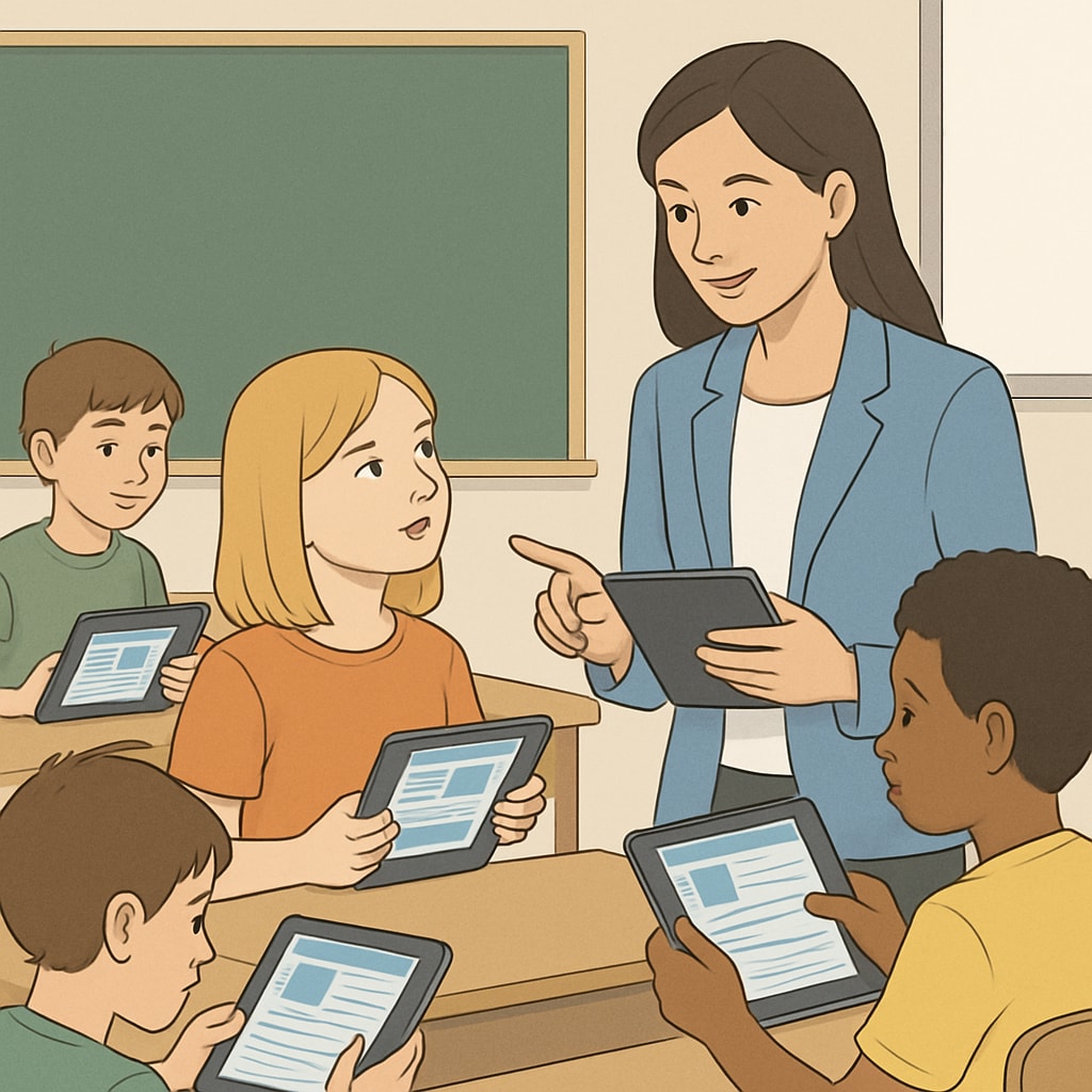 An image of a classroom with children and a teacher using digital tablets, symbolizing innovation in education. Classroom with students and teacher using digital tablets for learning.