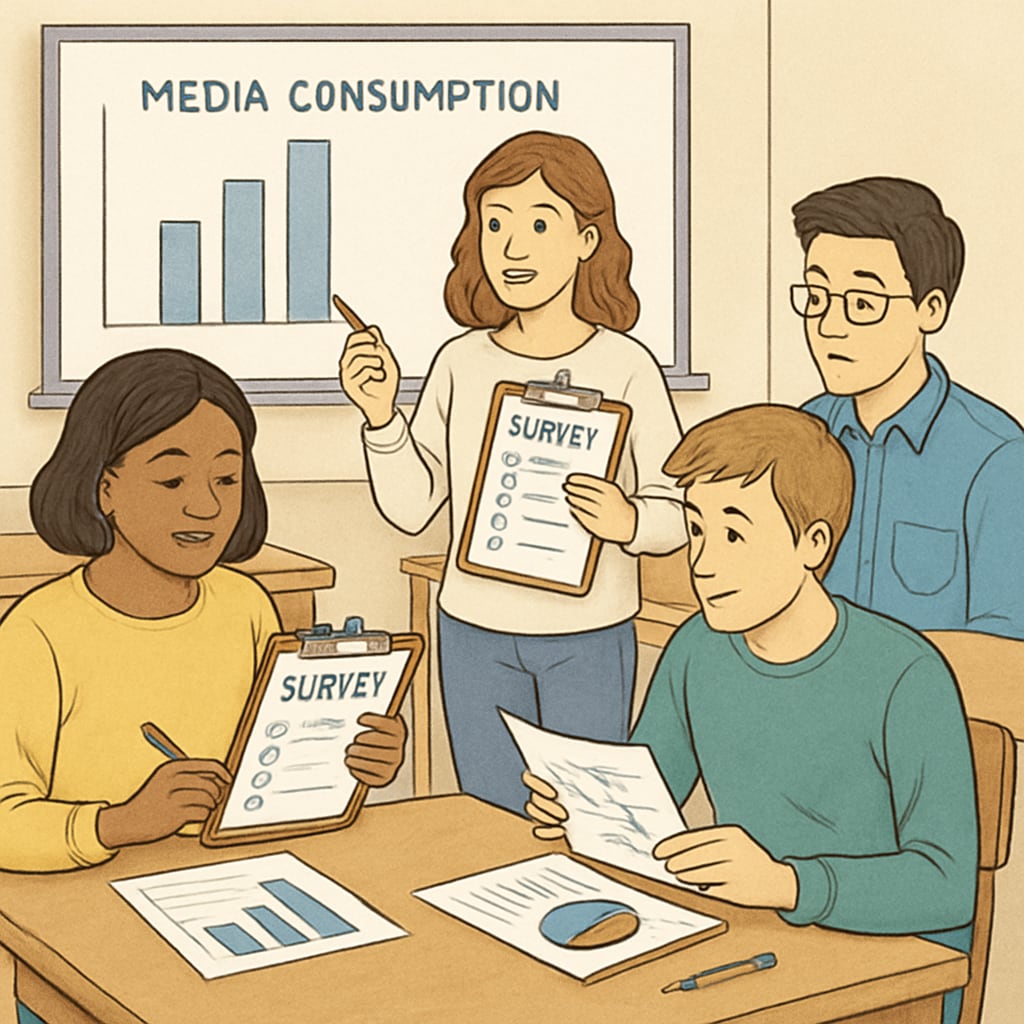 Students conducting a classroom survey as part of a media literacy project.