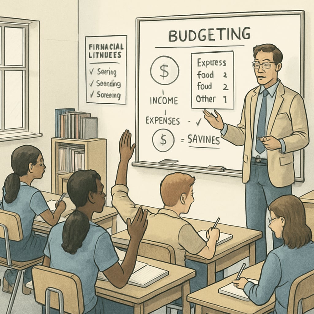 Students in a financial literacy workshop learning about budgeting, representing financial literacy in school curricula.