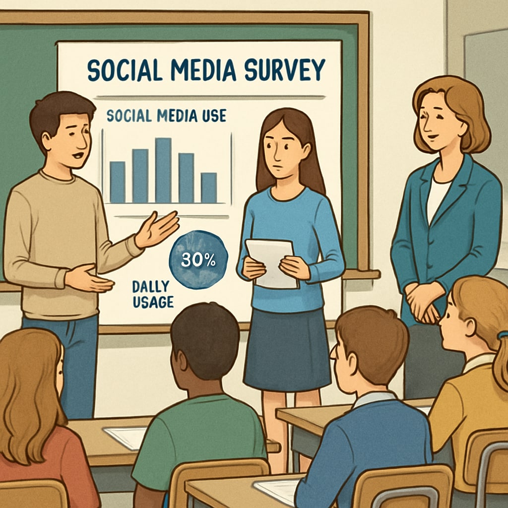 Students sharing survey results on social media habits in a classroom setting.