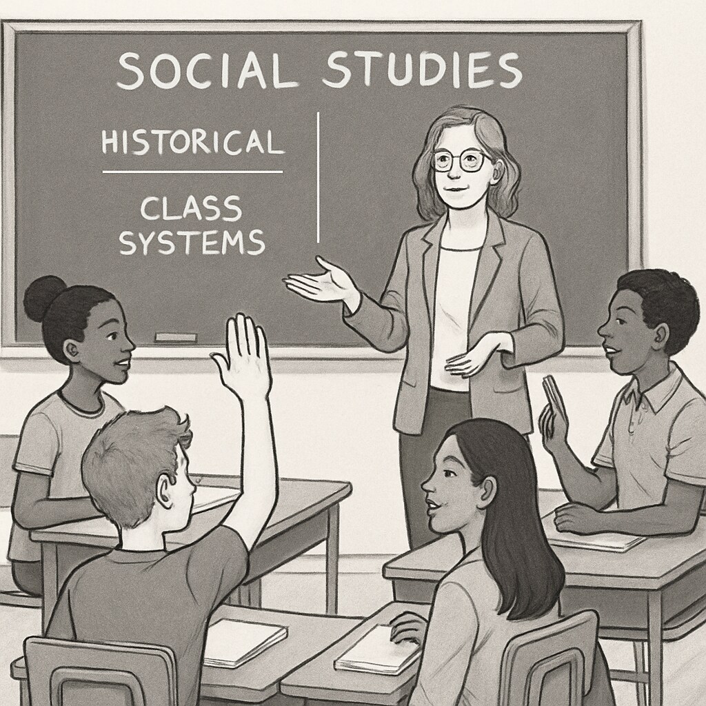 A classroom setting where students are engaged in a social studies discussion about historical and modern class systems. Students learning about class systems and social mobility in a social studies classroom.