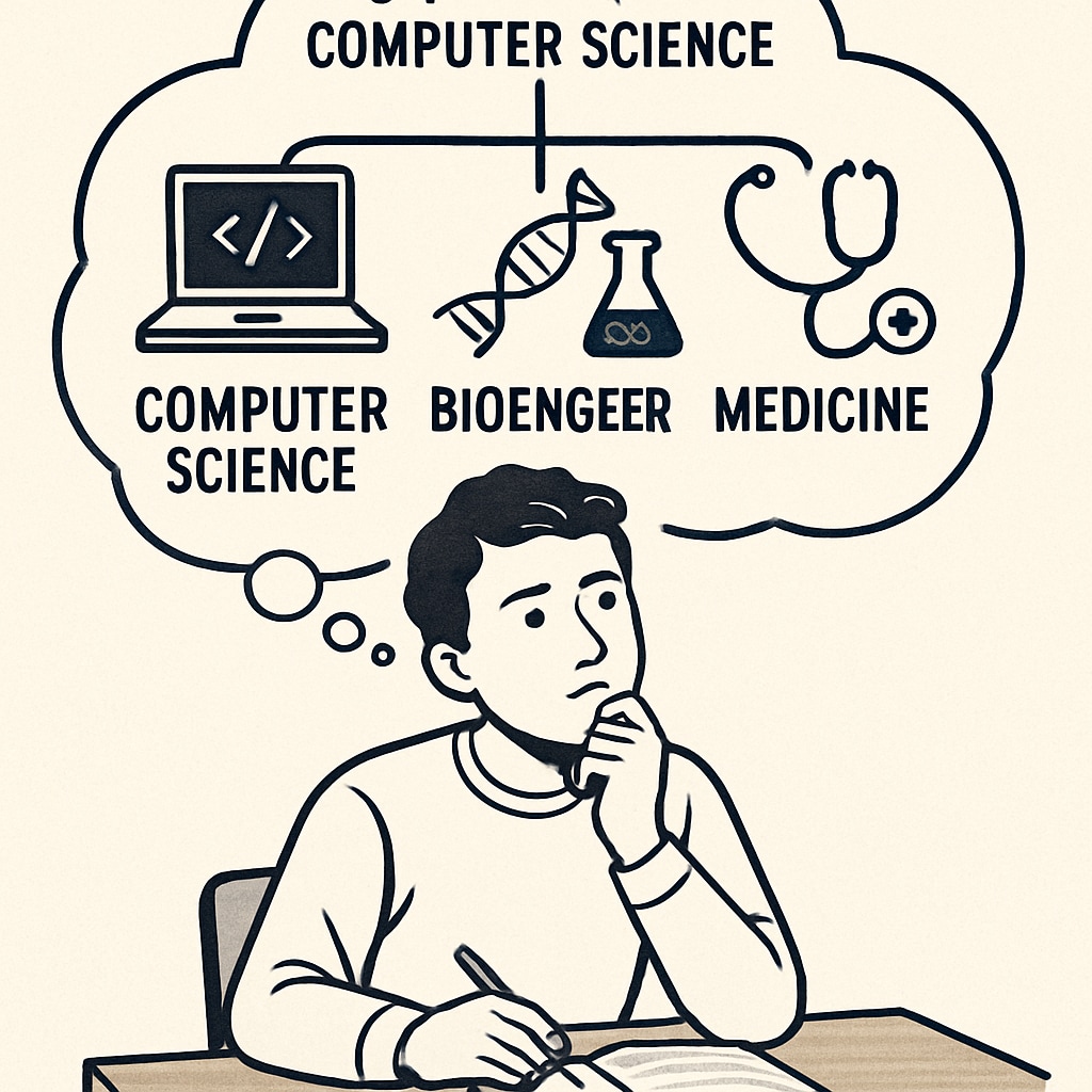 A student contemplating career options, with a split decision path illustrating computer science, bioengineering, and medicine. Student considering STEM career options in computer science, bioengineering, and medicine.