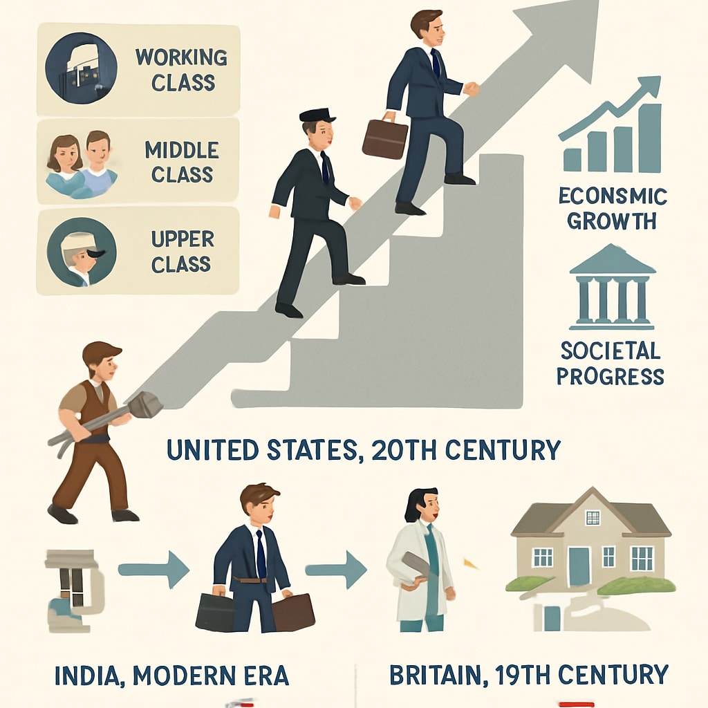 An infographic illustrating upward social mobility with examples from different countries and time periods. Infographic showing examples of social mobility in different societies.