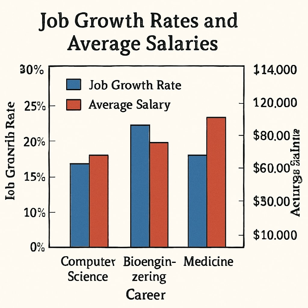 A chart comparing job growth rates and average salaries for careers in computer science, bioengineering, and medicine. Chart showing job growth and salaries in computer science, bioengineering, and medicine.
