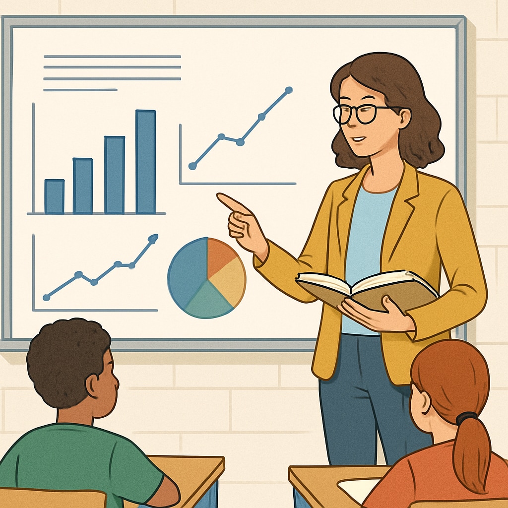 A classroom setting with a teacher explaining statistical graphs on a whiteboard. Teacher explaining statistics in an AP classroom.
