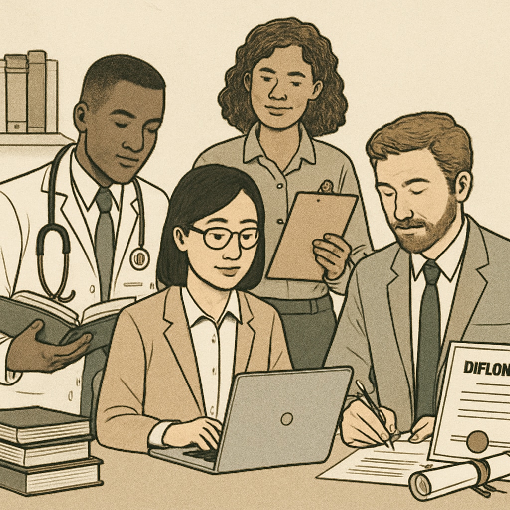 A diverse group of professionals in an office setting, symbolizing varied educational backgrounds and qualifications. Professionals with diverse educational qualifications in an office setting.