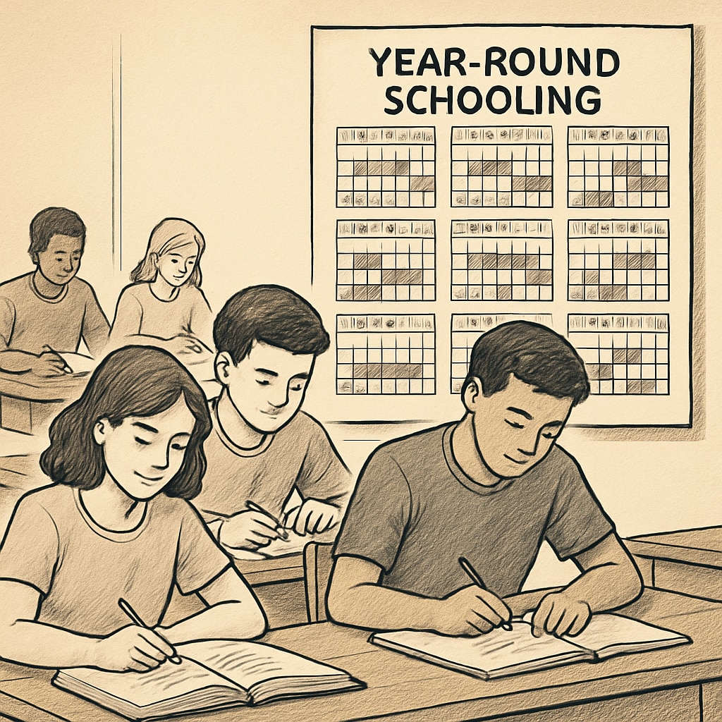Students studying in a classroom setting with a calendar illustrating a distributed schedule, highlighting the concept of year-round schooling. Students in a classroom with a distributed school calendar.