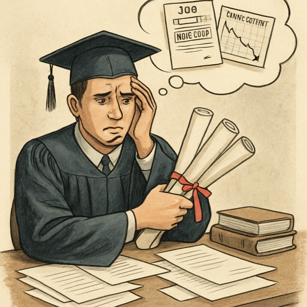 A graduate holding multiple diplomas, looking frustrated, symbolizing the devaluation of higher education in employment. Frustrated graduate holding multiple diplomas, representing undervalued college degrees.