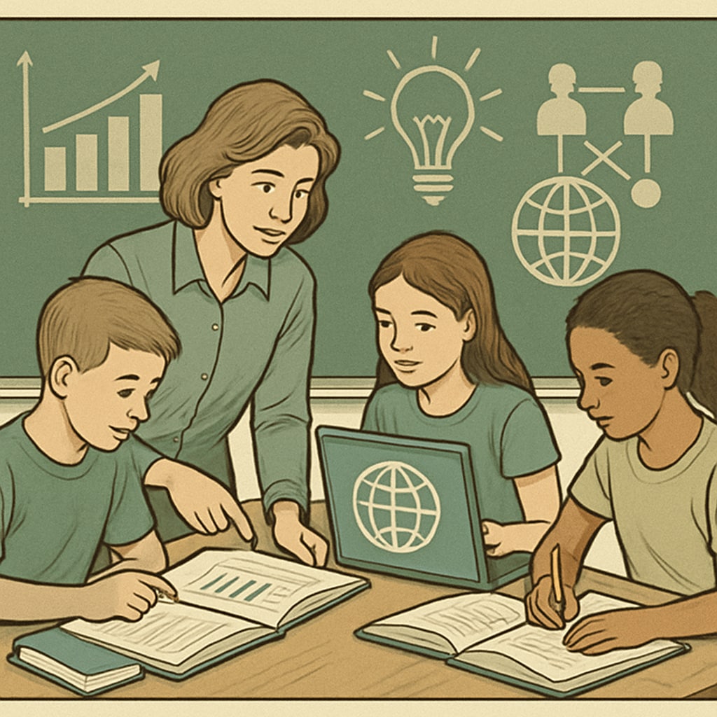 A teacher working with students in a classroom, illustrating real-world educational research. Teacher guiding students on a research project in a K-12 classroom.