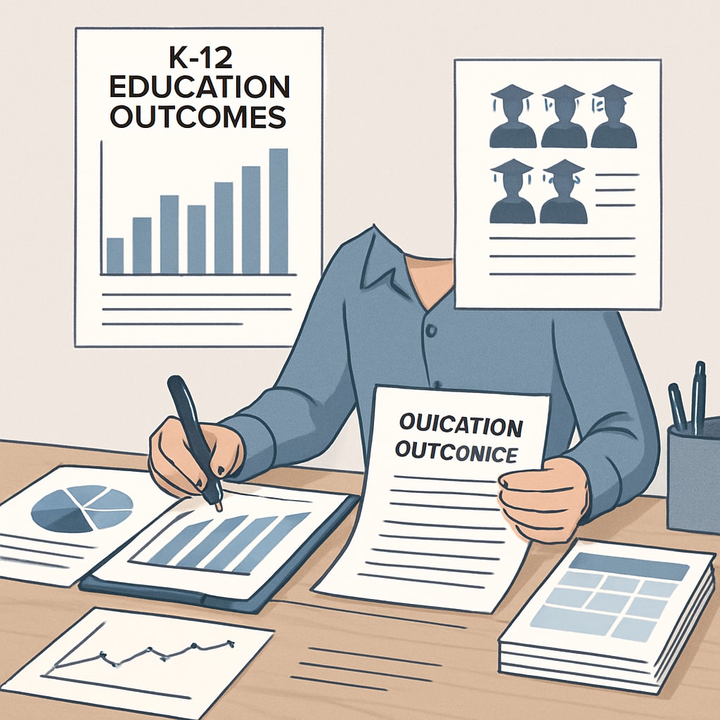A researcher reviewing data with a focus on K-12 education outcomes. Researcher analyzing data to improve education methods in a K-12 setting.