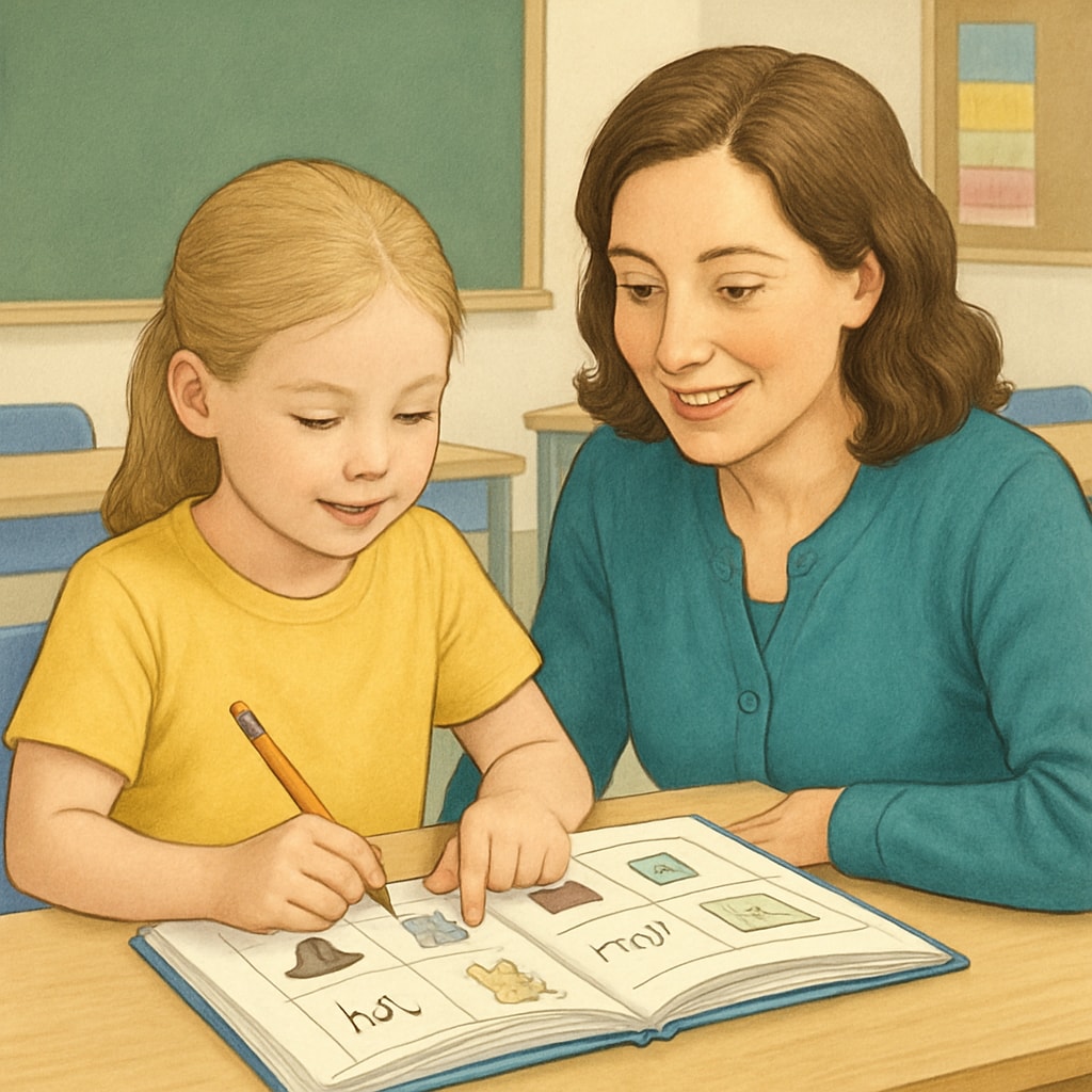 A child learning to read with a teacher using a phonics-based workbook in a classroom setting. Child and teacher using phonics workbook for reading instruction.