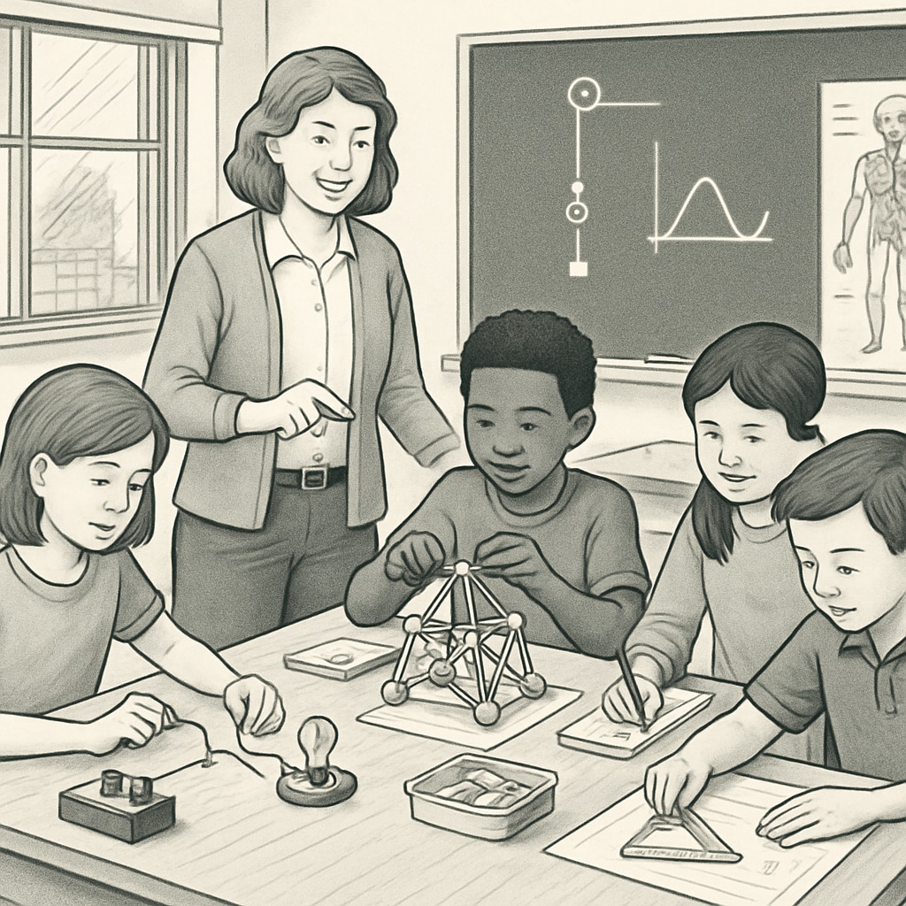 A classroom with students engaging in hands-on, project-based learning to apply theoretical concepts. Students in a classroom actively applying theoretical concepts through hands-on projects.