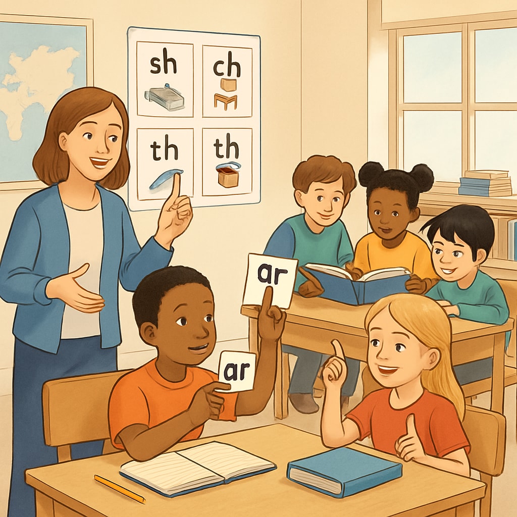 A classroom with students engaged in both phonics exercises and group reading activities. Students practicing reading through phonics and group activities.