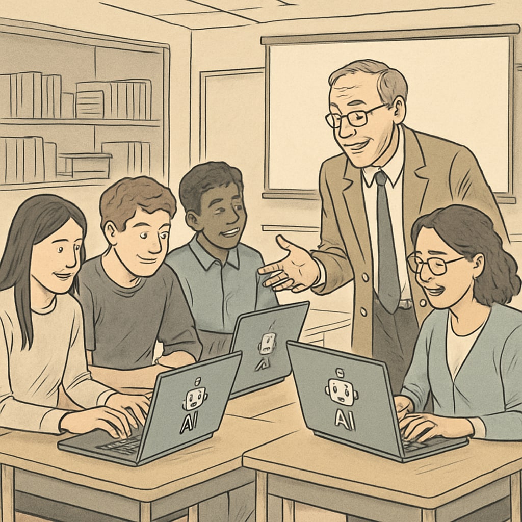 A classroom of students working collaboratively on AI projects using laptops, with a professor guiding their discussion. Students in an artificial intelligence course working on foundational projects.