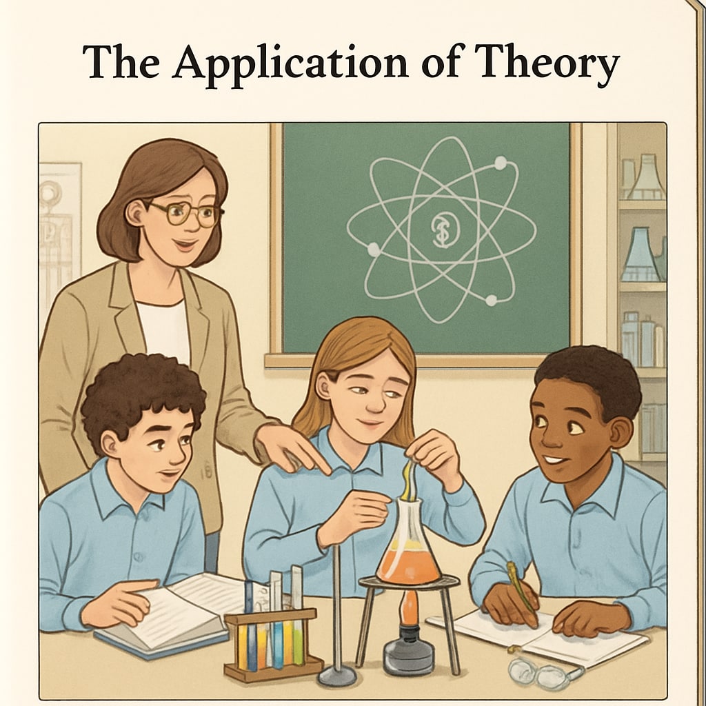 A teacher guiding students in a science lab experiment, illustrating real-world application of theoretical concepts. A science teacher helping students conduct an experiment to apply classroom theories.