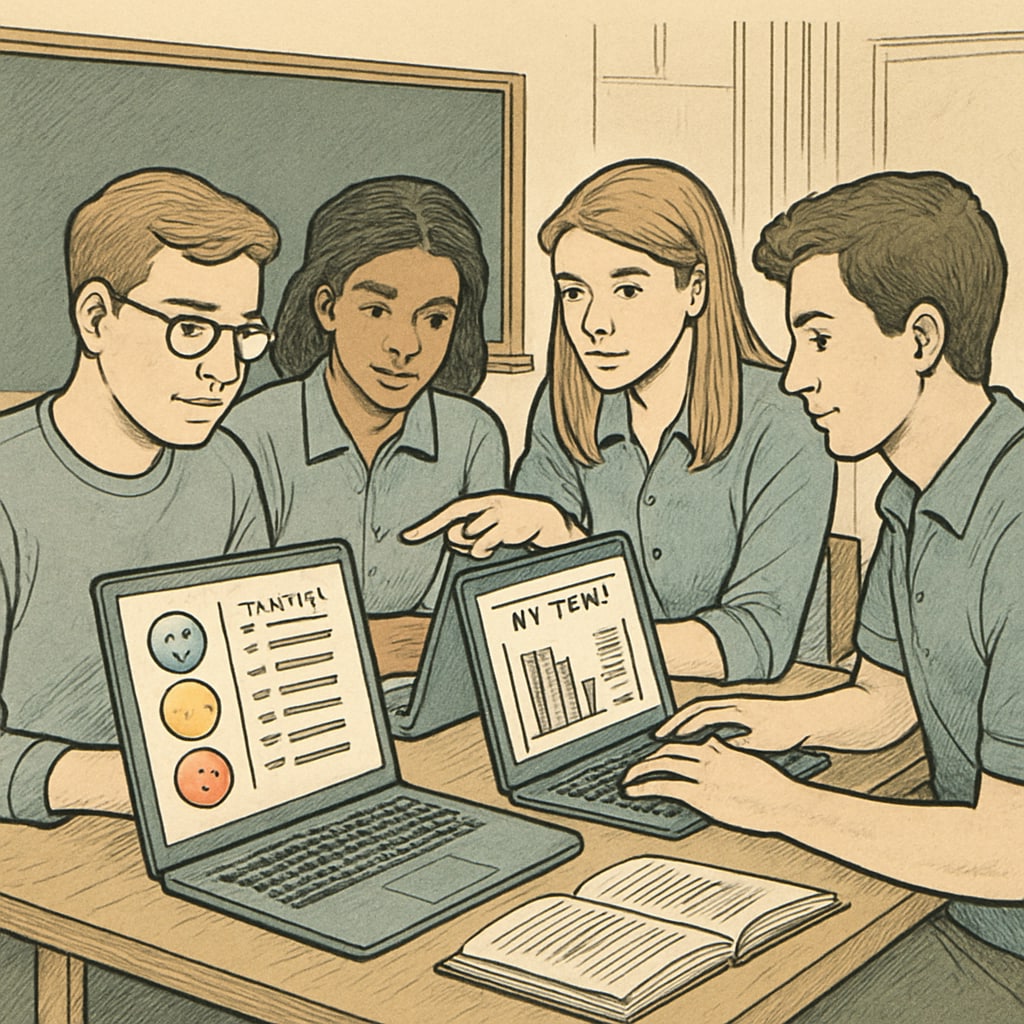 Students analyzing a small dataset for sentiment analysis, using pre-trained AI tools on their laptops during a class project. Undergraduate students working on AI sentiment analysis projects using laptops.