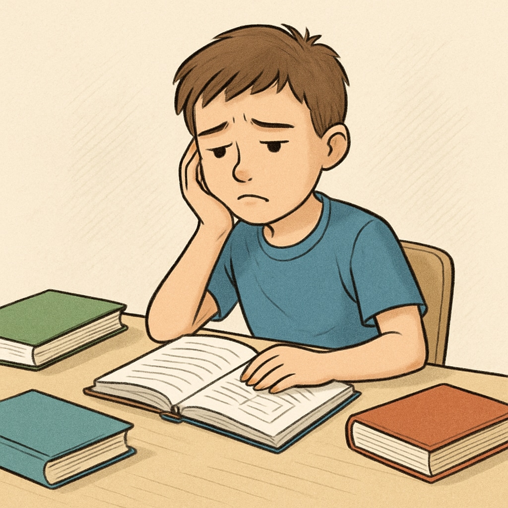 A boy sitting at a desk with scattered schoolbooks, looking unmotivated, symbolizing academic challenges. Academic challenges faced by 7th-grade boy lacking motivation