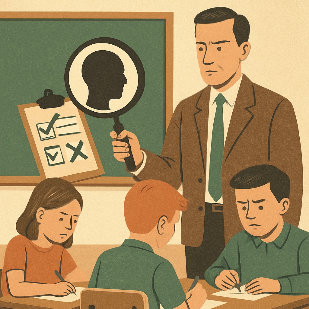 A teacher taking an assessment in a controlled environment, symbolizing the concept of political screening in education. Political bias test for teachers, represented by a teacher taking an assessment.