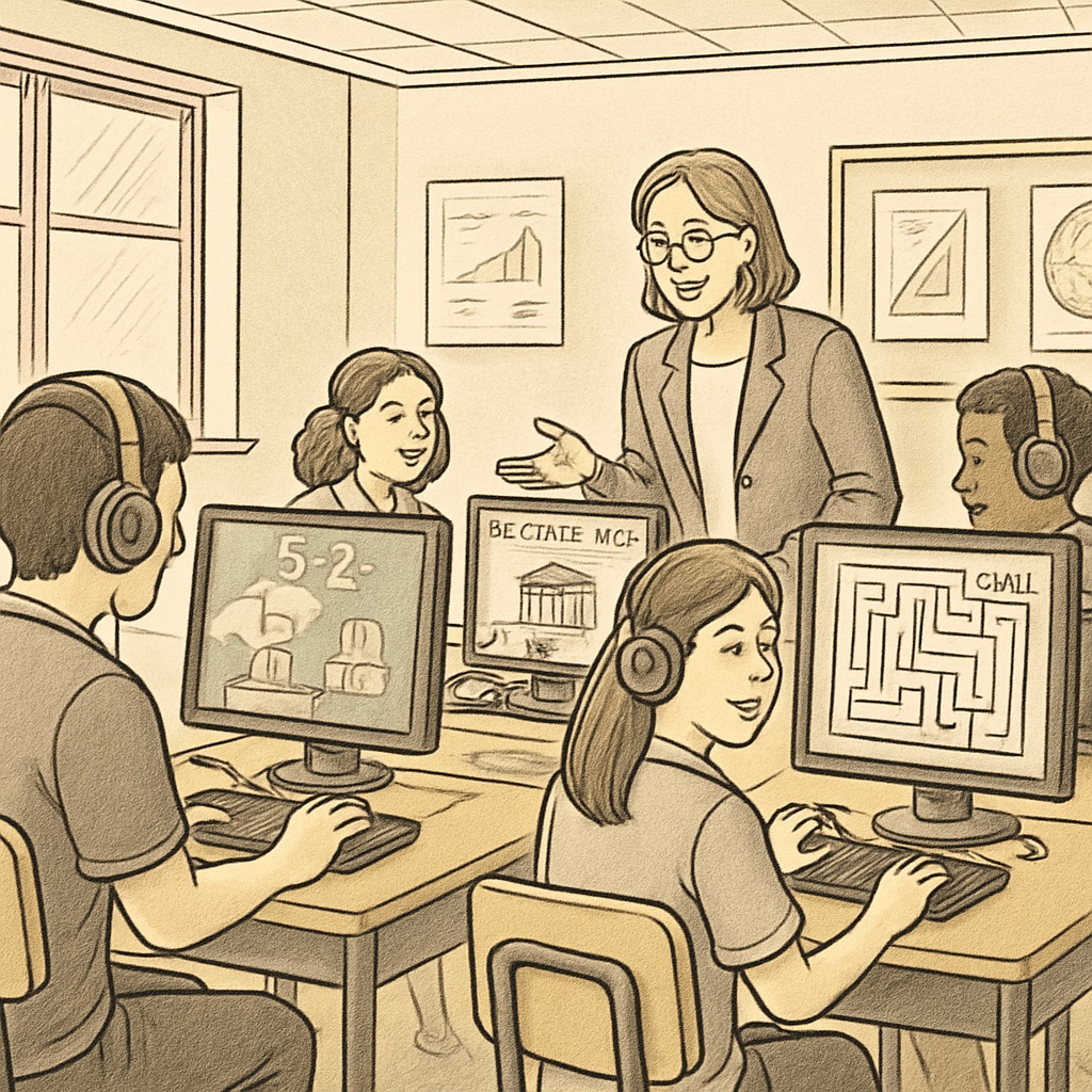 A classroom setting where students are engaged in game-based learning activities on computers, showcasing the integration of esports and academic subjects. GameClass and NASEF esports game-based learning in K12 classroom.