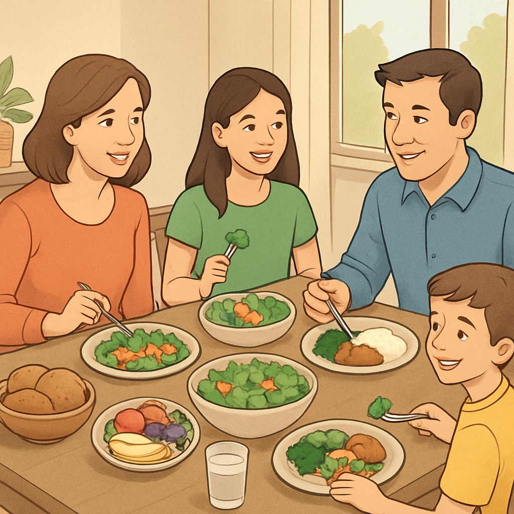 A family enjoying a healthy meal together, promoting better nutrition and family bonding. Family education and healthy habits for youth development