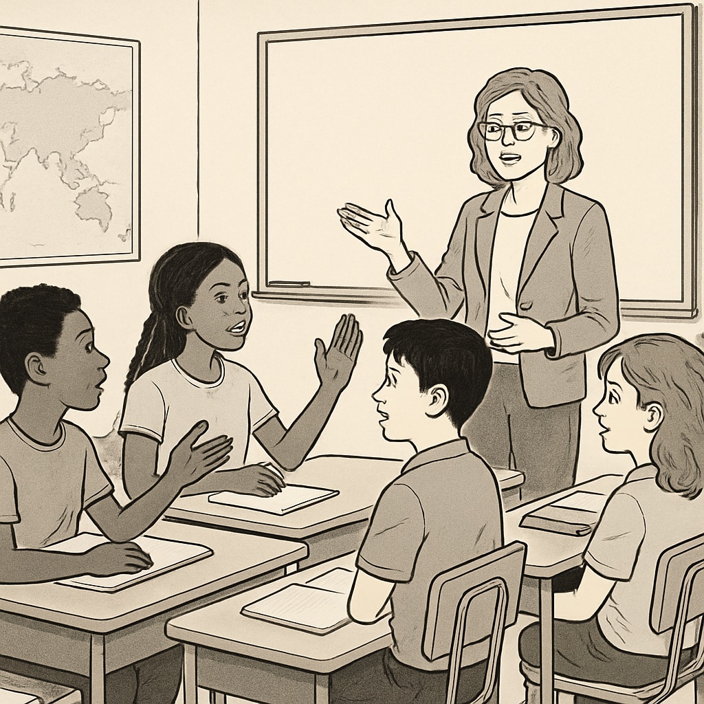 A classroom with diverse students and a teacher leading a discussion, representing the importance of diverse perspectives in education. Importance of diverse perspectives in education, shown through a classroom discussion.