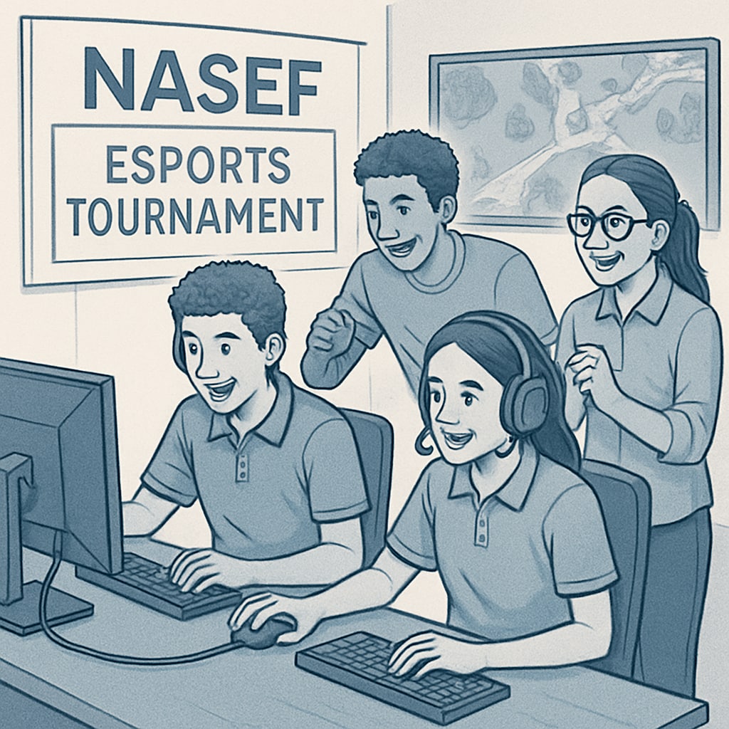 Students participating in an esports tournament hosted by NASEF, demonstrating teamwork, strategy, and enthusiasm for game-based learning. NASEF esports tournament highlighting collaboration and education.