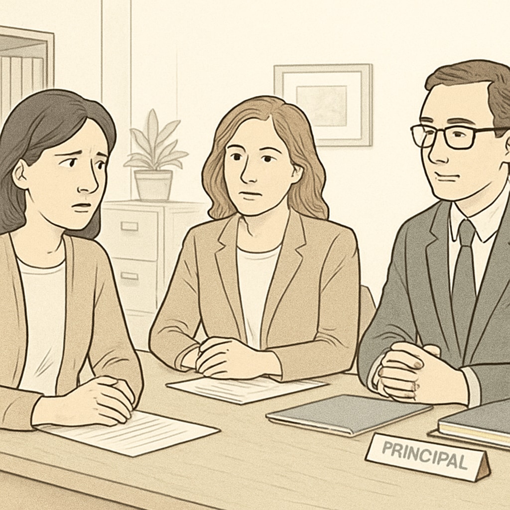 A concerned parent speaking with school administrators about their child's transfer request. The image conveys the challenges families face during the transfer process. Parent discussing a school transfer due to educational barriers.