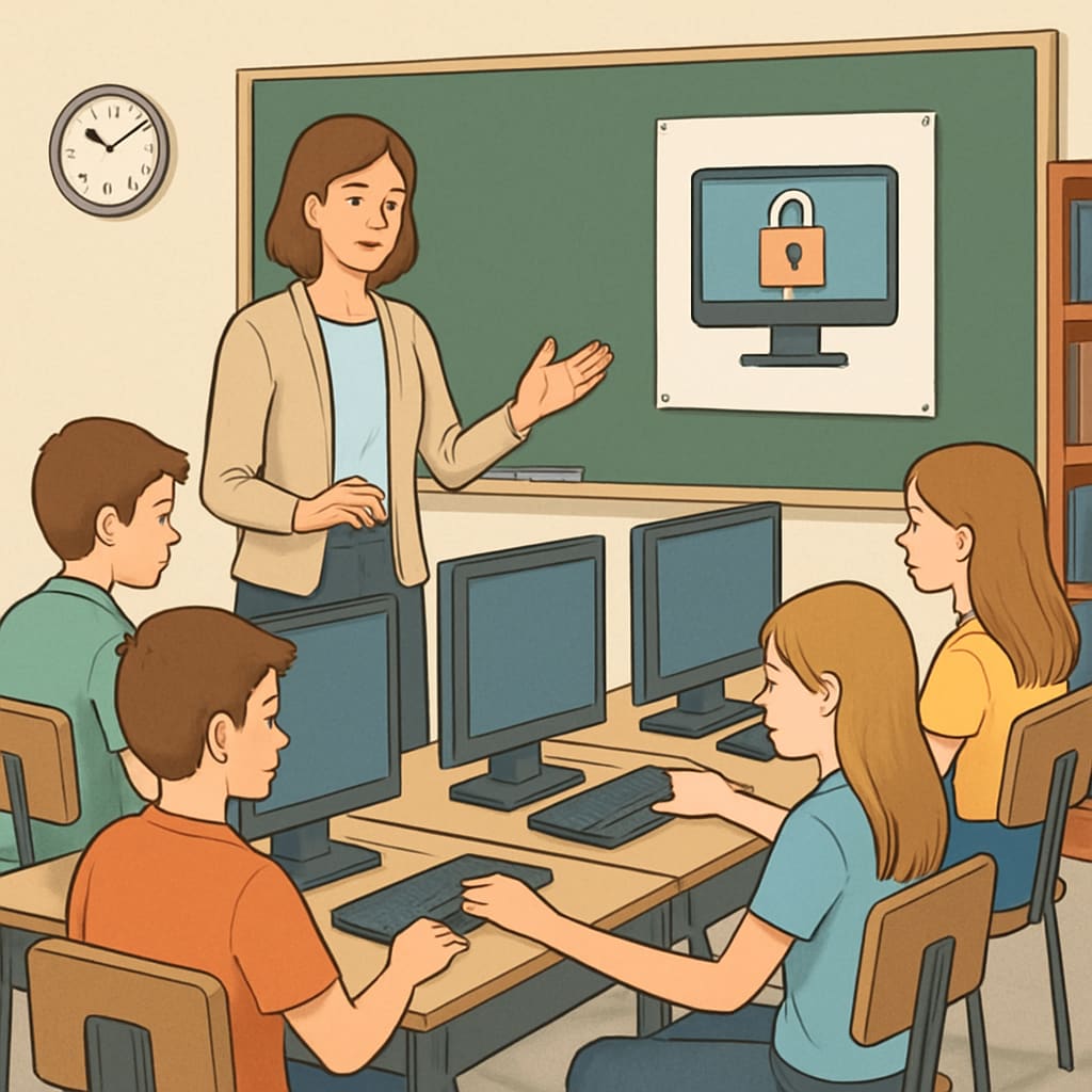 A classroom setting where students are using computers under teacher supervision, illustrating the impact of age verification laws on education. Students using computers in a K12 classroom affected by internet age verification laws.