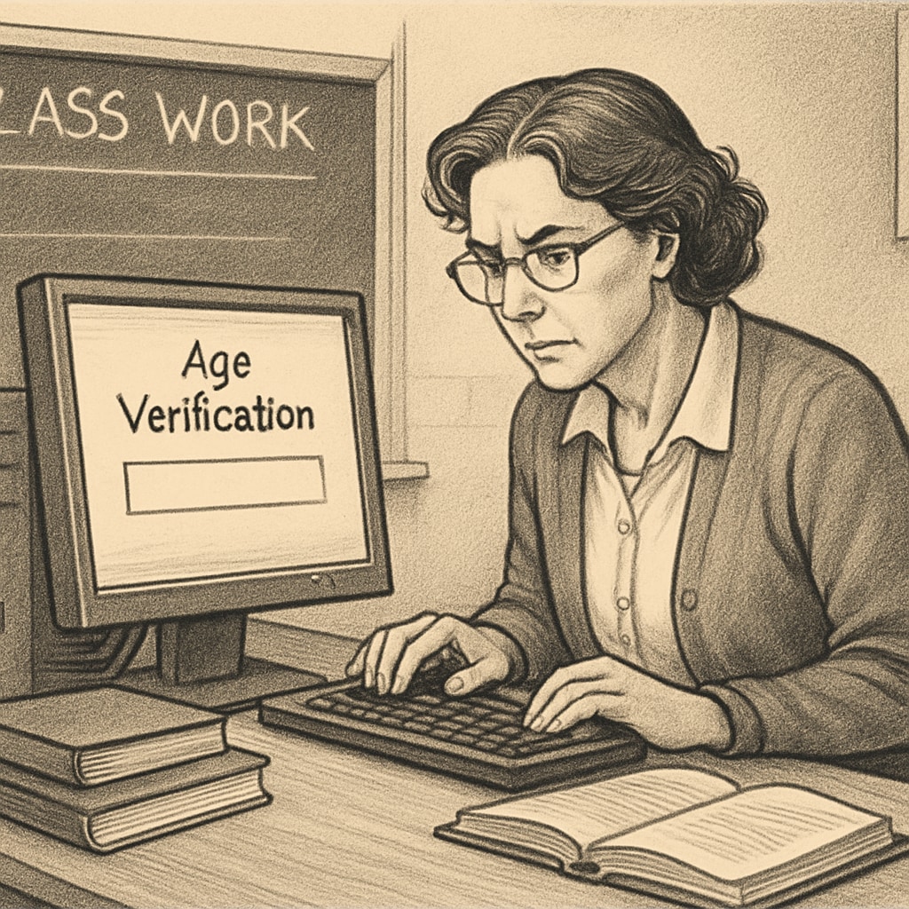 A teacher troubleshooting age verification issues on a classroom computer, highlighting challenges faced in implementing these regulations. Teacher addressing age verification challenges in a classroom setting.