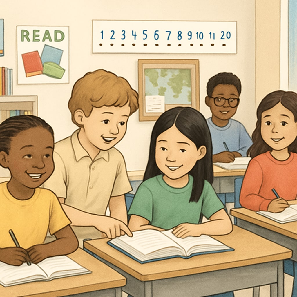 A diverse group of students in a welcoming and inclusive classroom environment. The image symbolizes the importance of equity and safety in education. Students in an inclusive classroom, representing equity in education.