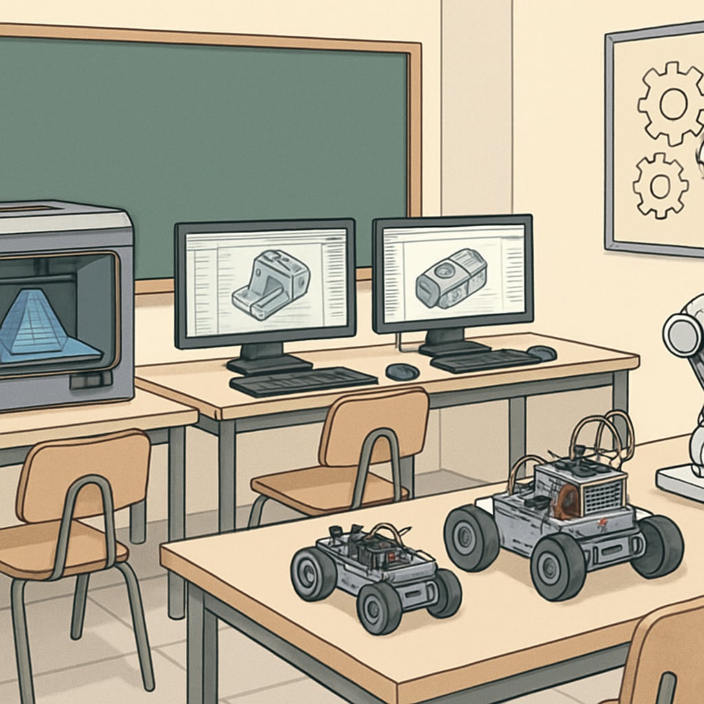 A classroom equipped with modern engineering tools, representing the integration of education and technology. Classroom with engineering tools and teaching equipment.