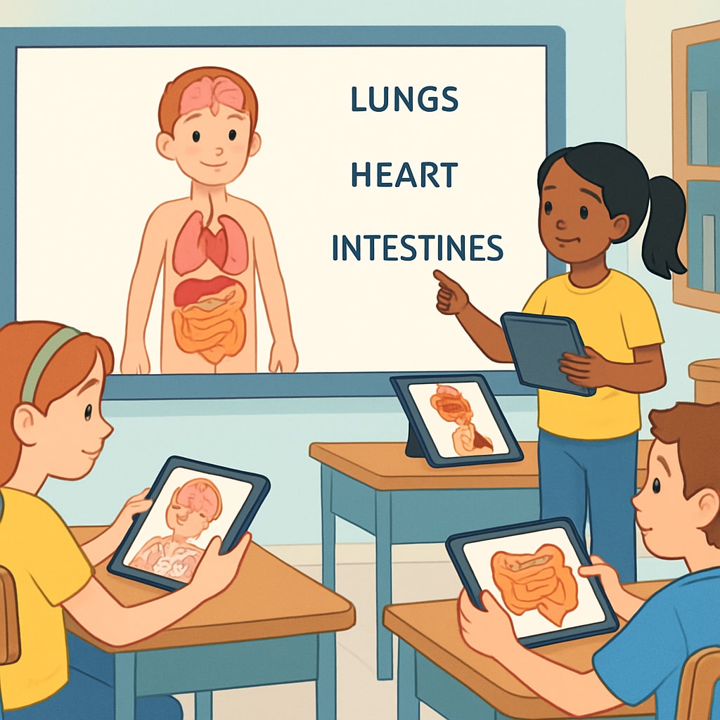 An illustration of young students in a classroom engaging with digital tools to learn about basic human anatomy. K12 students learning anatomy through interactive tools, medical education resources.