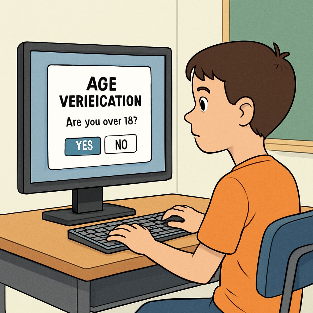 An illustration of a young student sitting at a computer, a pop-up age verification message blocking the screen. Age verification pop-up message blocking a K12 student’s computer screen.