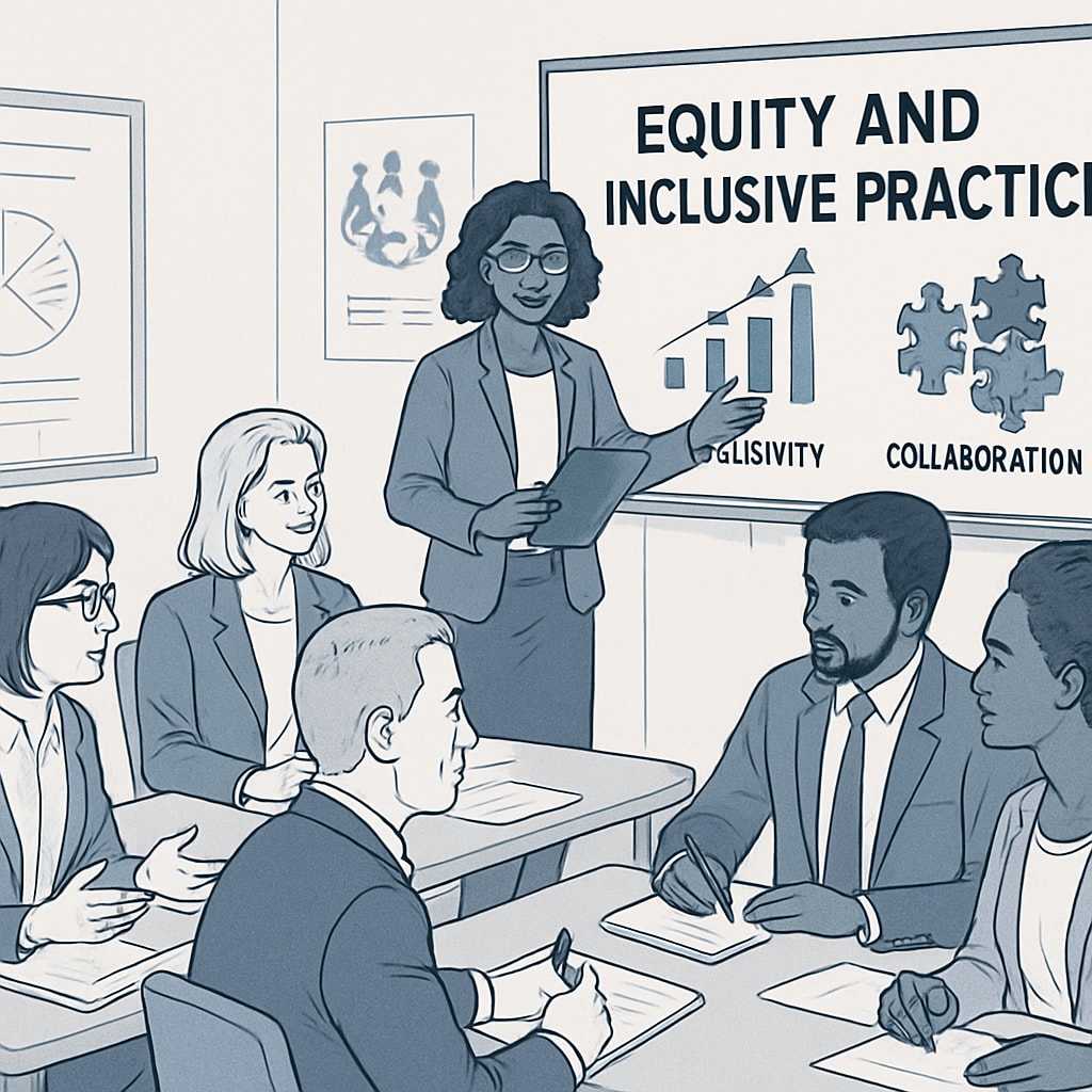 A workshop or seminar where school administrators are being trained on equity and inclusive practices, illustrating a proactive approach to breaking barriers. School administrators receiving training on equity and inclusion.