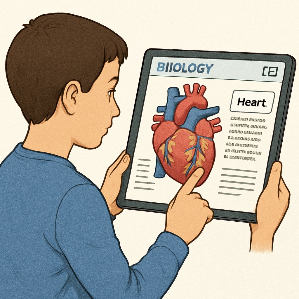 A screenshot of a student using a tablet to interact with a 3D model of the human heart in a biology app. Student interacting with a biology app for medical education, non-medical background learning.