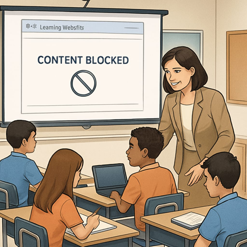A teacher assisting a classroom of students, with a projector displaying a “Content Blocked” message on a learning website. Classroom with a teacher and students encountering internet content restrictions.