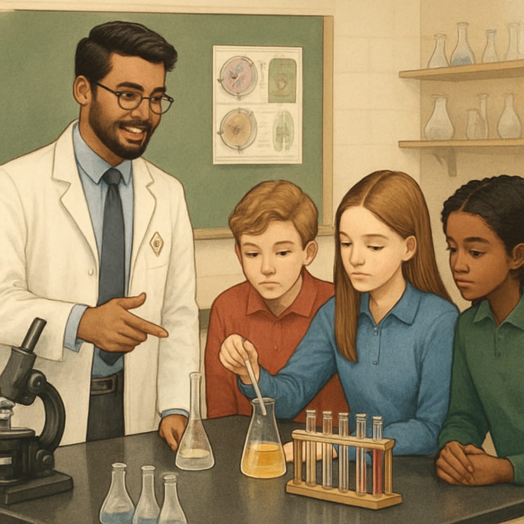 Biology graduate teaching science to high school students, representing interdisciplinary transition to education master's.