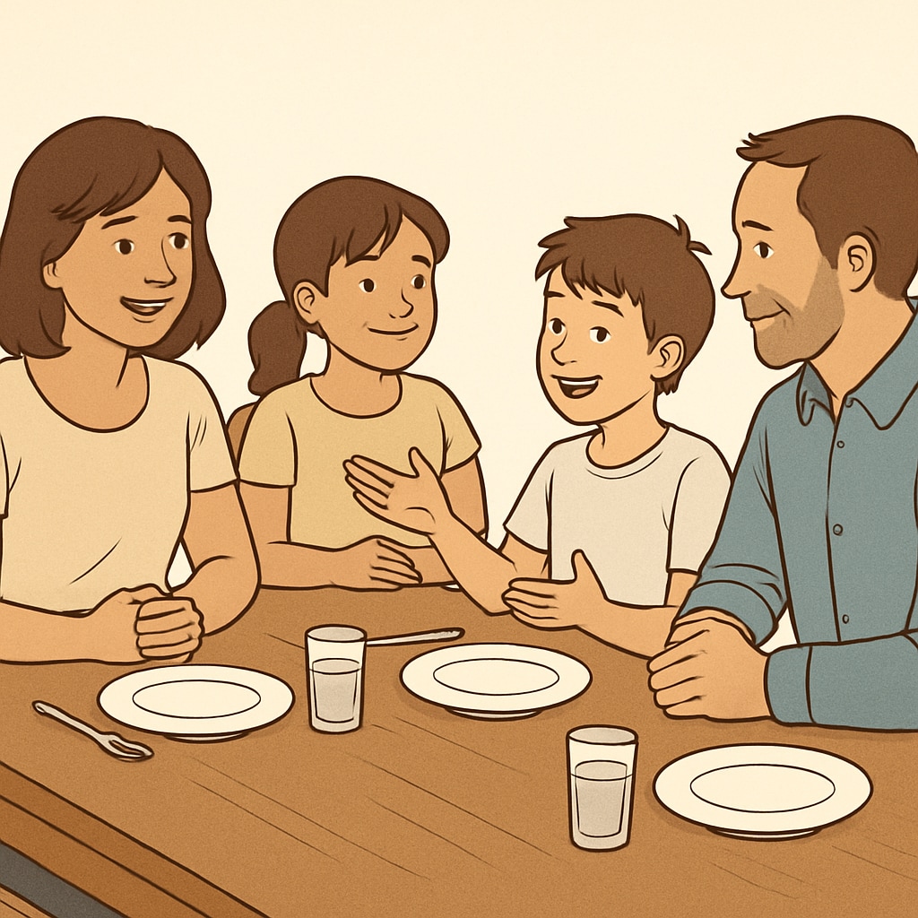 Family discussing at dining table, symbolizing open communication for teen development.