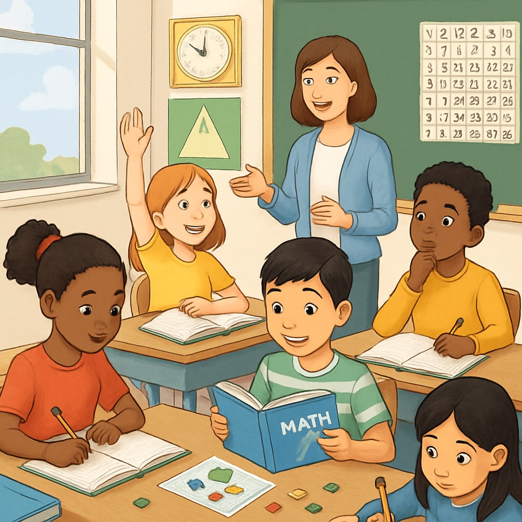 A classroom with students of diverse backgrounds engaged in math lessons, symbolizing academic recovery. UK education recovery program with students learning mathematics.