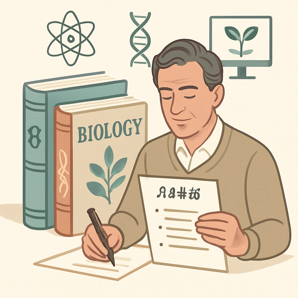Student studying education materials alongside biology textbooks, illustrating the combination of fields.