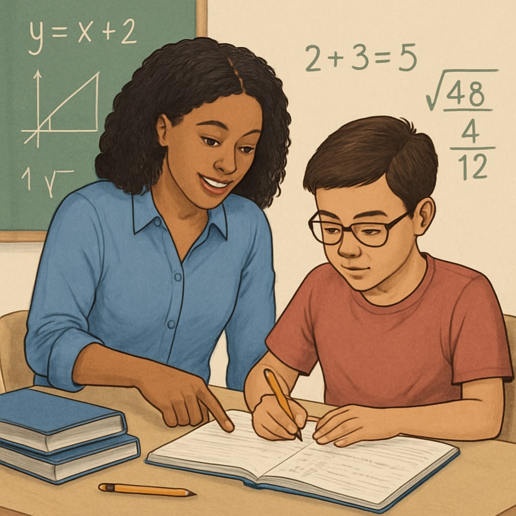A tutor assisting a student with mathematics exercises, highlighting personalized learning support. Tutor providing mathematics support within UK education recovery efforts.