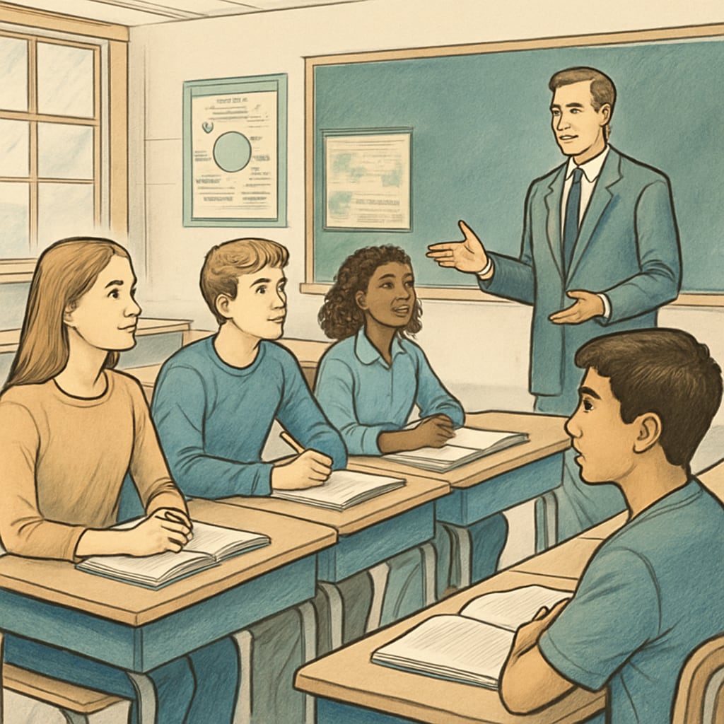 A group of high school students attentively listening to a speaker in a classroom setting. High school students listening to a mental health talk.