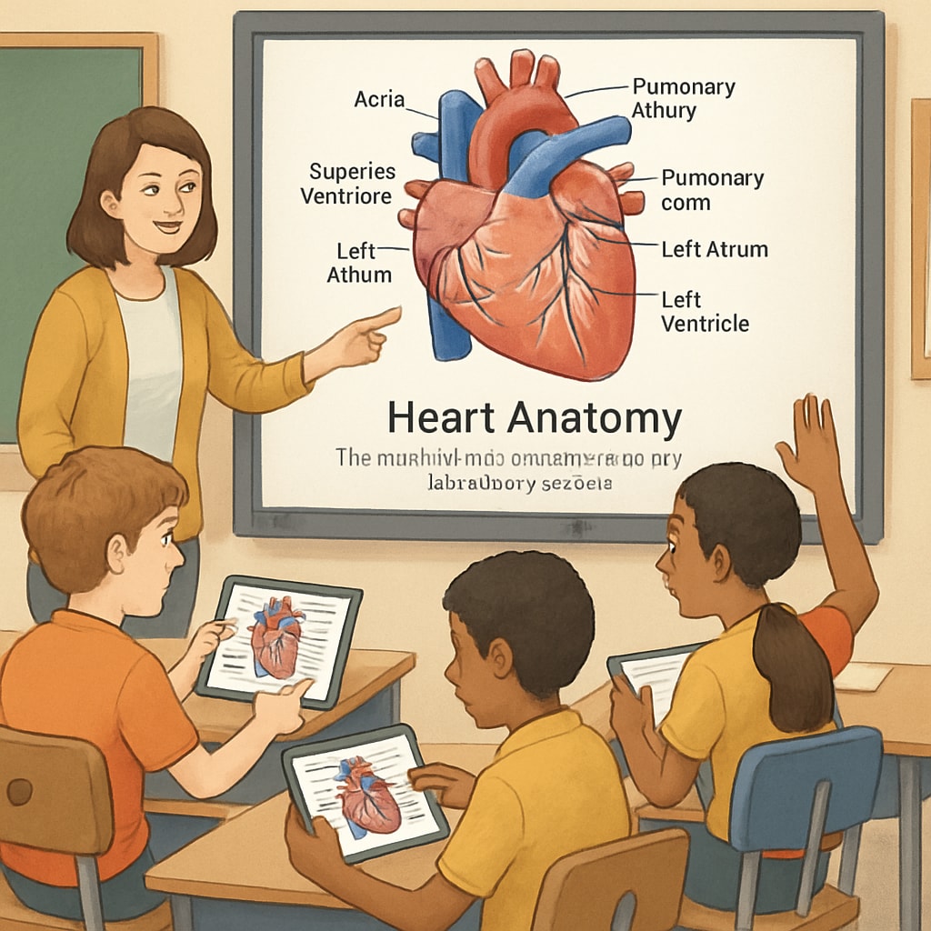 A classroom of middle school students engaged in an interactive cardiology lesson, using digital resources to explore the anatomy of the human heart. K12 students learning cardiology with online resources in a classroom setting.