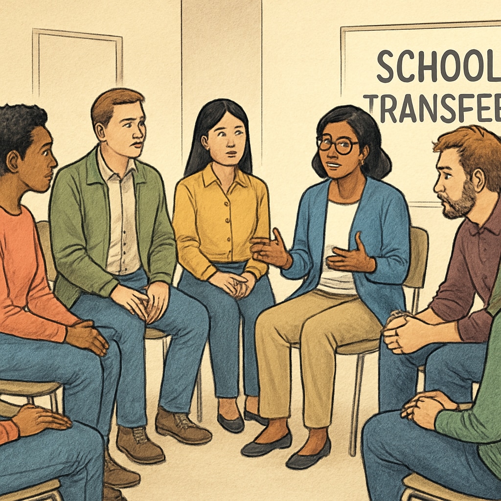 Parents discussing school transfer barriers in a community meeting