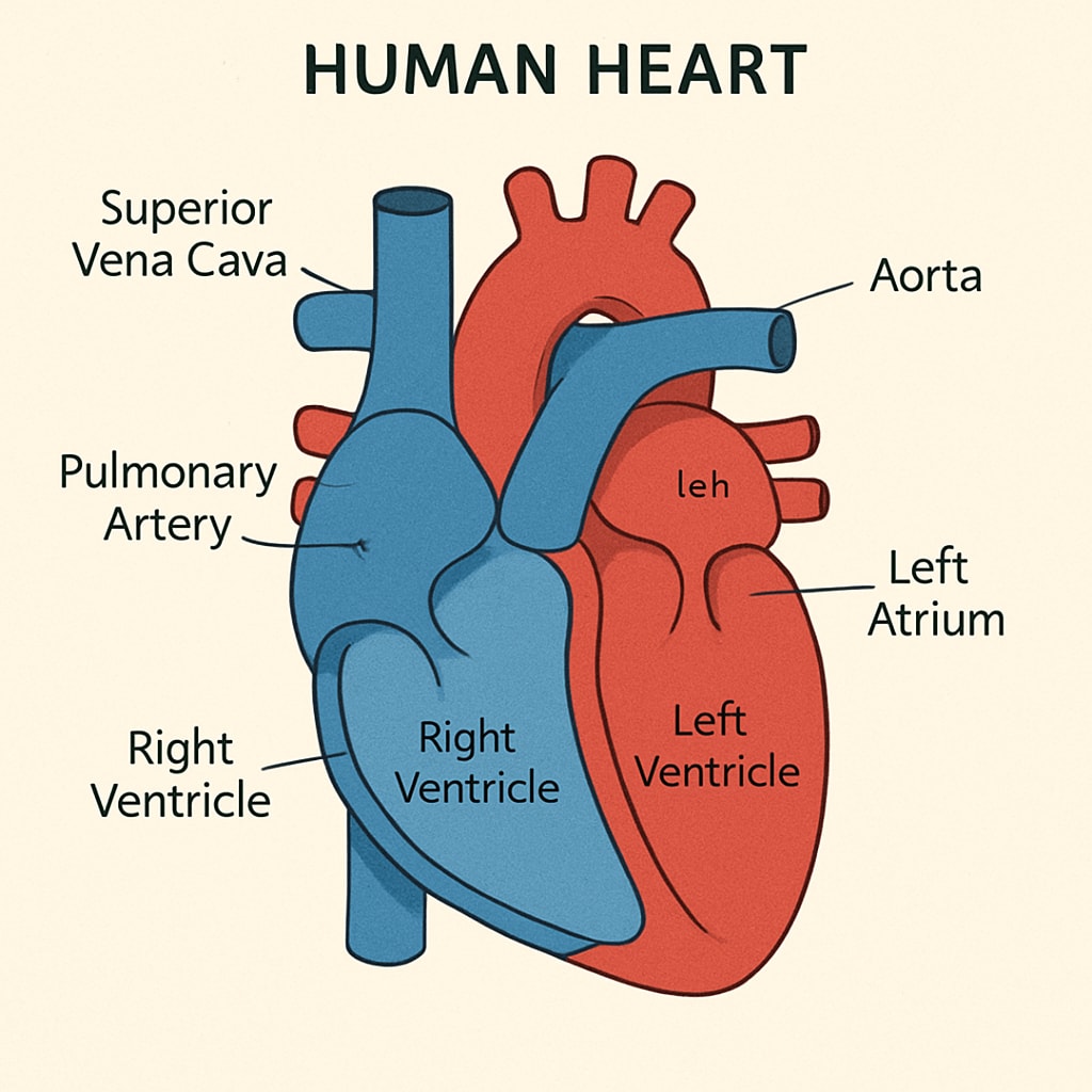An illustration of a simplified human heart diagram, highlighting key parts such as the atria, ventricles, and major arteries, designed for educational purposes. Simplified human heart diagram for K12 cardiology education.