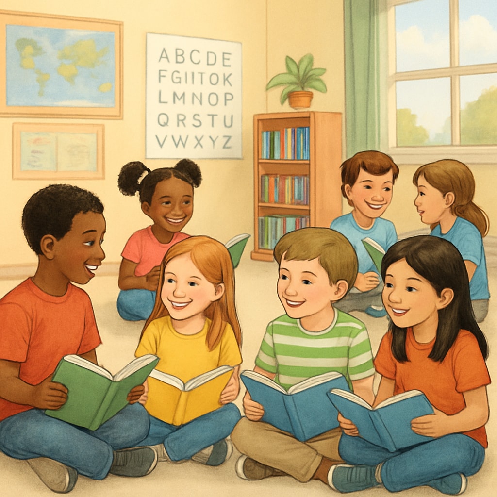 A group of elementary students actively engaged in a reading activity, discussing books, and smiling during a classroom session. Elementary students discussing books in a group activity to enhance reading comprehension.